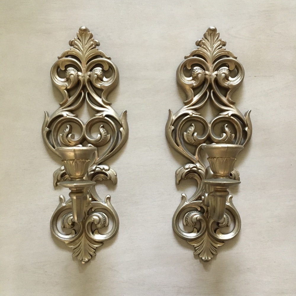 Pair of Vintage Hollywood Regency Mid Century Gold Wall Sconce Candle Holders